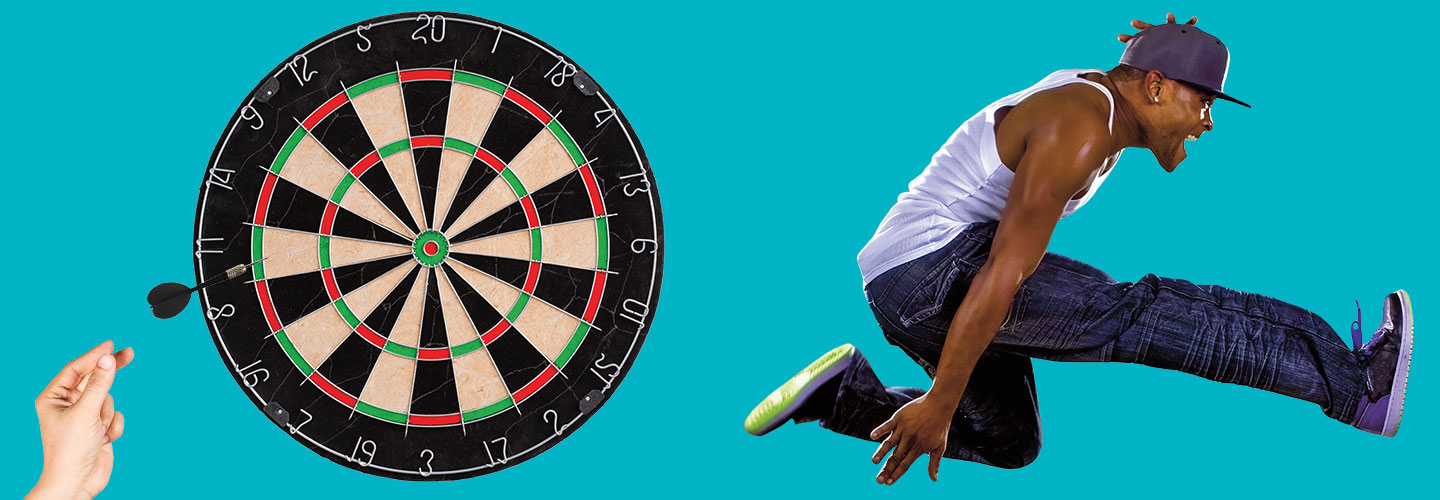 a dartboard and a man doing parkour