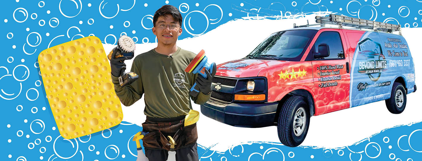 Image of a teen holding cleaning tools with yellow sponge and cleaning van in background