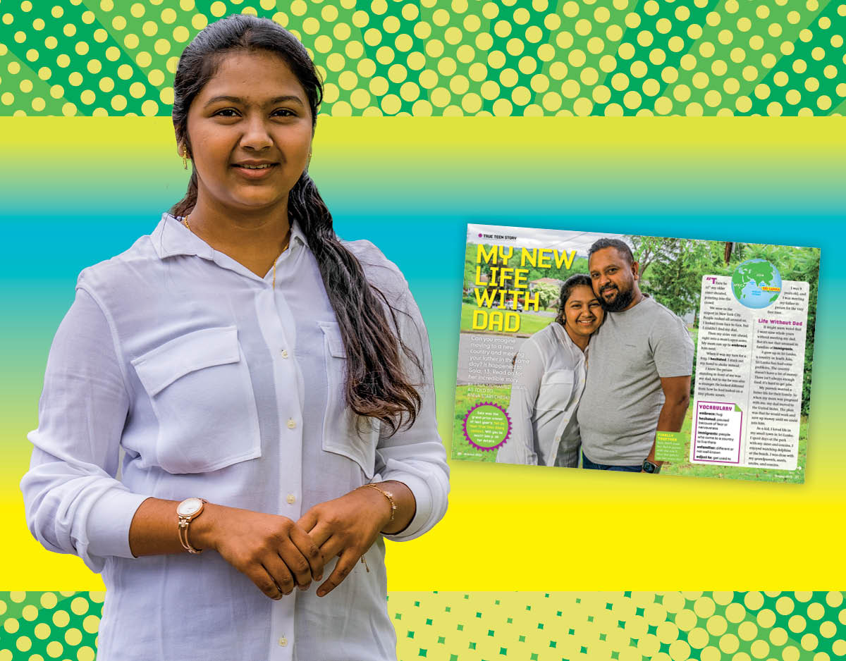 Image of a girl posing next to magazine article showing photo of her and her dad