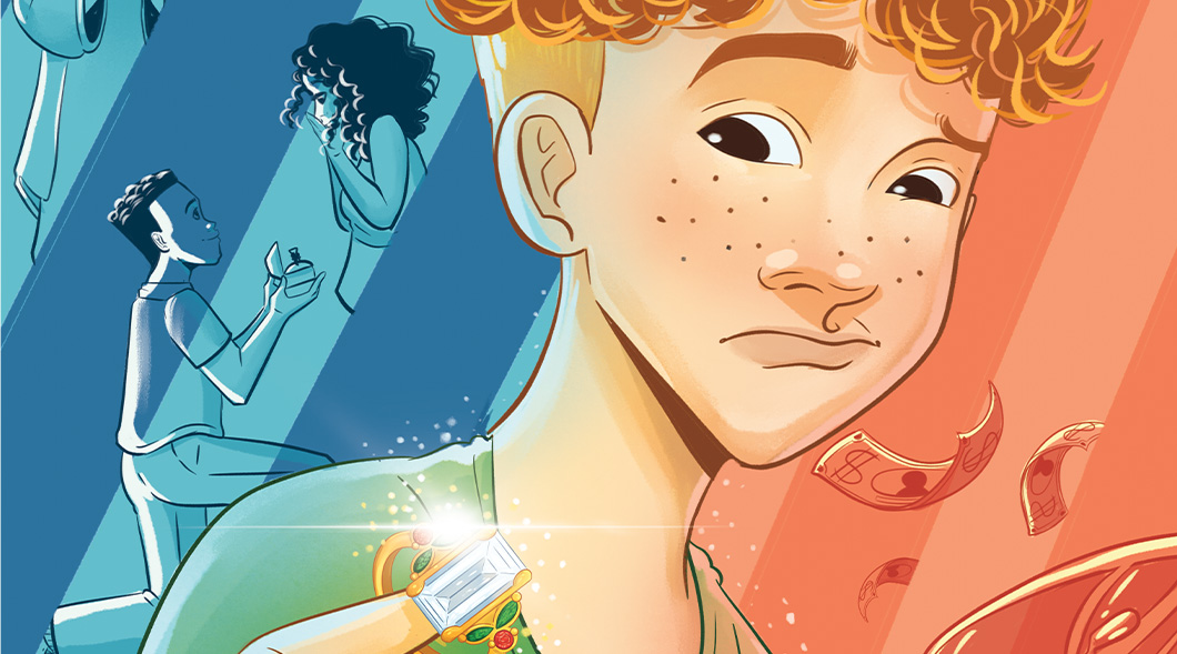 A boy with curly red hair and freckles looks sideways near a glowing jeweled box and two figures