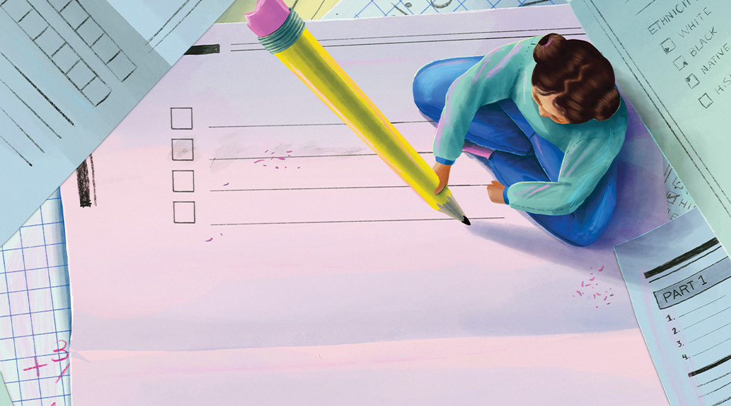 A woman sits atop a large form and writes with an oversized pencil, surrounded by papers and forms