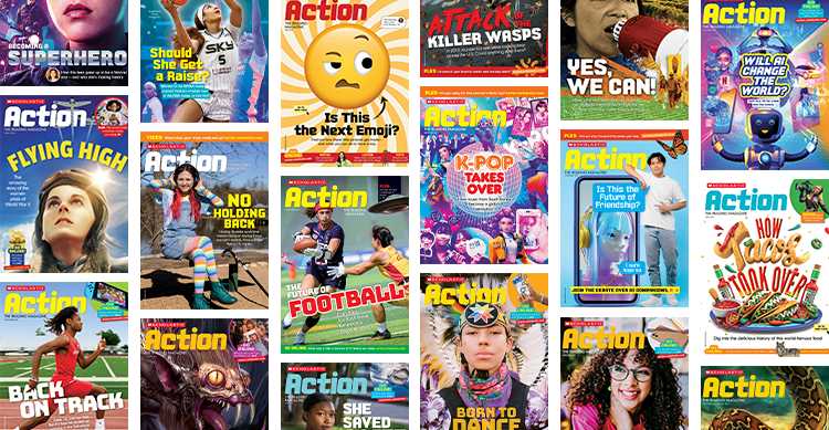 Collage of Scholastic Action magazine covers featuring various topics and people
