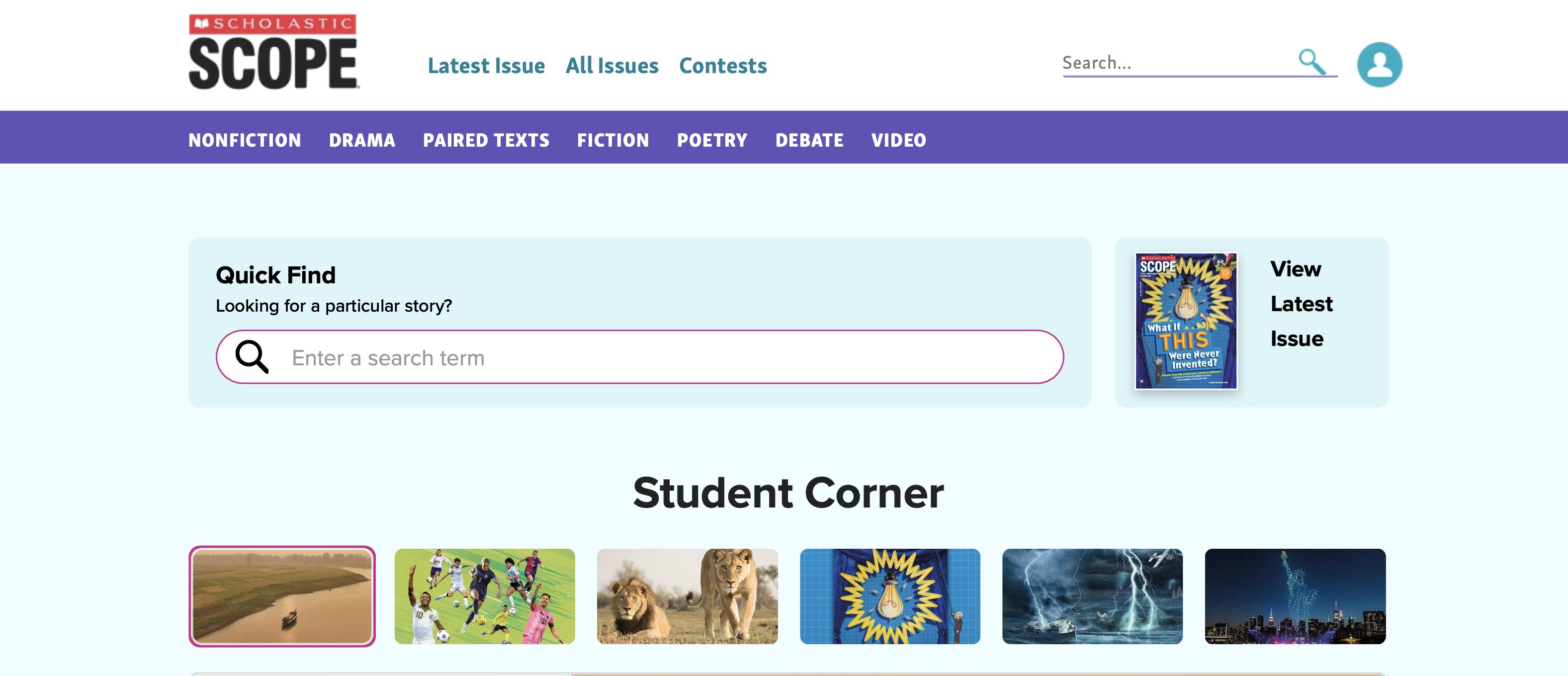 The Scholastic Scope website homepage with a search bar and Student Corner section